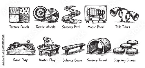 A hand-drawn collection of nine sensory play elements for children, including texture panels, a tactile wheel, musical chimes, sand play, and more, perfect for educational or playground concepts.
