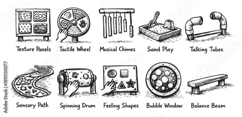 A hand-drawn collection of nine sensory play elements for children, including texture panels, a tactile wheel, musical chimes, sand play, and more, perfect for educational or playground concepts.