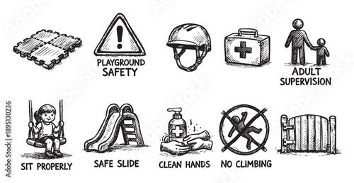 Sketched illustrations display playground safety, including adult supervision, clean hands, safe slide, proper sitting, and no climbing rules. Good for print and digital educational materials.