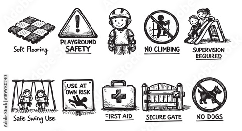 Hand-drawn sketch icons of playground rules. Features safety flooring, first aid, and supervision, promoting child safety in a fun and accessible style.