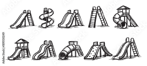 Hand-drawn vector set featuring different playground slides, offering a nostalgic and whimsical element for educational or children-related design projects.