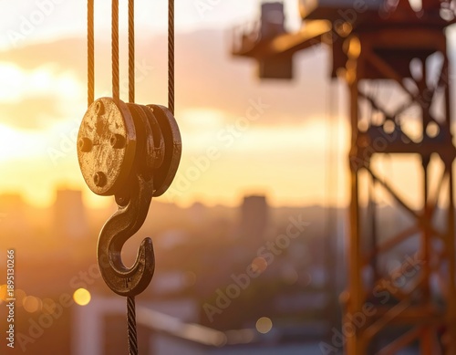 Wallpaper Mural Close up of industrial crane hook with cables against a golden sunset sky Torontodigital.ca