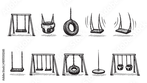 Hand drawn illustration featuring a set of various playground swings, providing a nostalgic, vintage style perfect for educational or design projects.