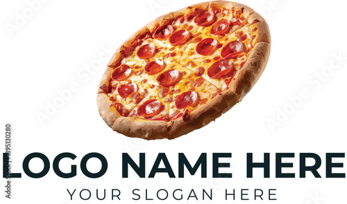 Pepperoni pizza logo template with melted cheese and crust for pizzeria, snack bar, or casual dining branding