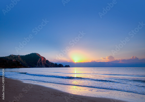 Panorama of most beaituful attraction Cleopatra beach in Alanya with blue sea and clean sand - Alanya peninsula, Antalya