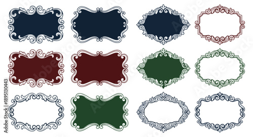 Decorative frames set in various colors with ornate design elements