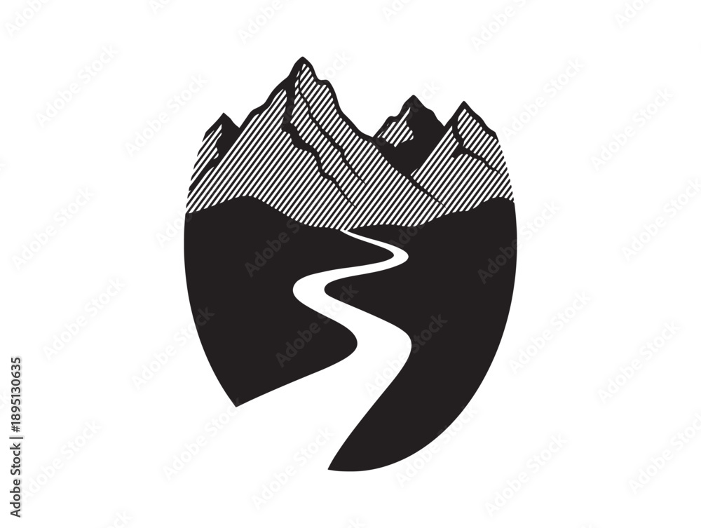 Fototapeta premium Vintage style illustration of a winding road leading through a mountainous landscape with shaded details