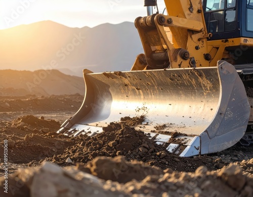 Wallpaper Mural Heavy excavator bucket at a construction site during golden hour with mountains Torontodigital.ca