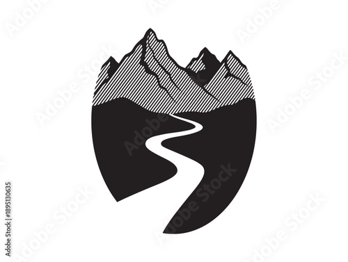 Vintage style illustration of a winding road leading through a mountainous landscape with shaded details