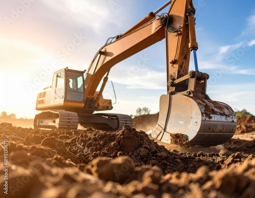 Wallpaper Mural Heavy excavator digging earth at construction site during golden hour Torontodigital.ca