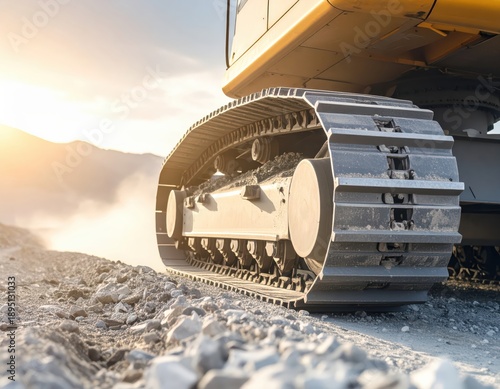 Wallpaper Mural Heavy excavator track on rocky ground at golden hour Torontodigital.ca