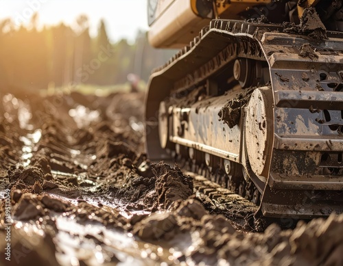 Wallpaper Mural Excavator track on muddy construction site during golden hour Torontodigital.ca