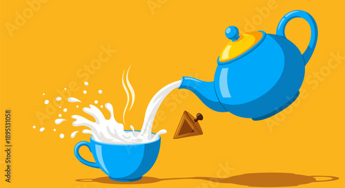 vector illustration of milk being poured from a blue teapot into a blue cup with a chocolate piece