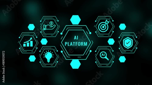 Futuristic digital interface displaying glowing cyan and the text AIPLATFORM in the center, surrounded by for growth chart, hand with dollar, lightbulb, magnifying glass with AI, target