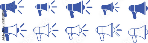 Blue megaphone with sound waves announcement