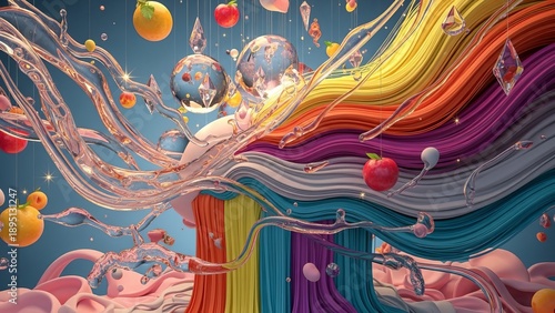 Abstract illustration of flowing rainbow colored ribbons liquid splashing crystalline objects