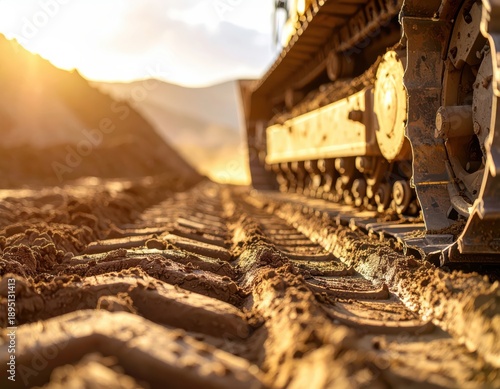 Wallpaper Mural Heavy equipment track on muddy ground at sunset Torontodigital.ca