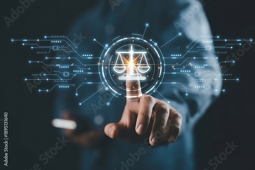 Justice and laws concept. AI ethics or AI law.Digital law justice scales technology concept cyber security legal tech ai ethics innovation future