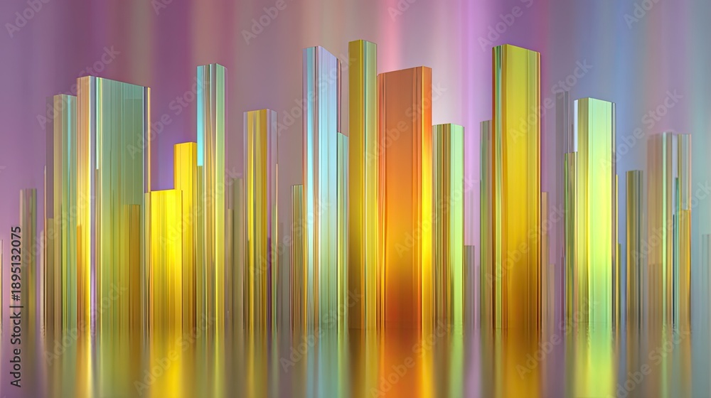 Obraz premium Abstract colorful city skyline with reflective metallic textures creating a vibrant and dynamic atmosphere under colorful gradient background