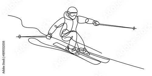 A dynamic continuous line illustration featuring a single skier in full gear going downhill isolated on white background, Vector, illustration