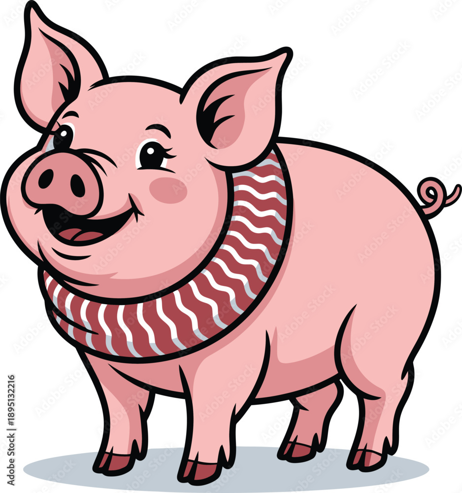 Fototapeta premium Pig cartoon character wearing red and white striped scarf isolated on white background