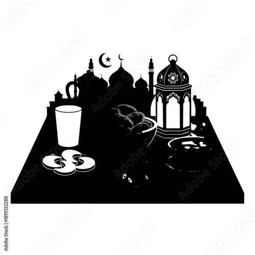 Islamic Iftar meal spread, dates, juice, and samosas with mosque silhouette and Ramadan lantern, vector illustration for breaking fast