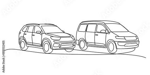 Simple continuous line art illustration showing a modern suv and a large minivan together isolated on white background, Vector, illustration