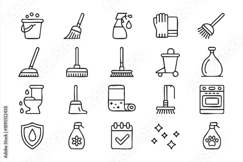 Modern Line Art Cleaning Icons Set for Domestic and Commercial Use