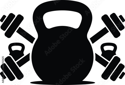 Kettlebell and dumbbell fitness silhouette icon showing strength training gym workout equipment and bodybuilding power design