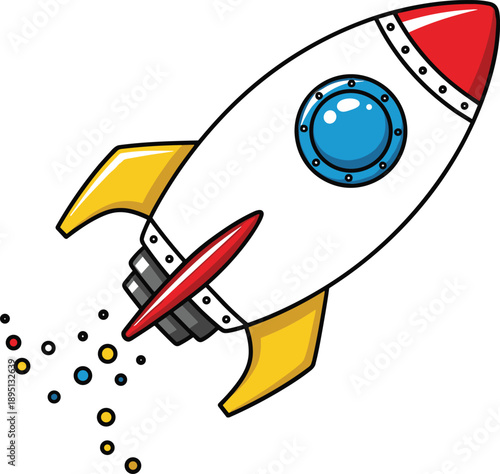 Cartoon rocket ship blasting off in space, colorful thrusters and vibrant design, perfect for science fiction and exploration themes
