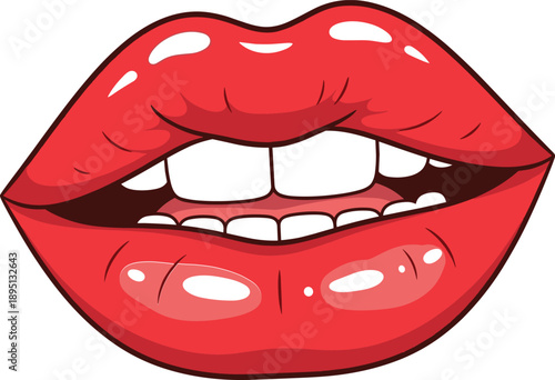Cartoon red glossy lips with visible teeth and shiny highlights in slightly open mouth on white background