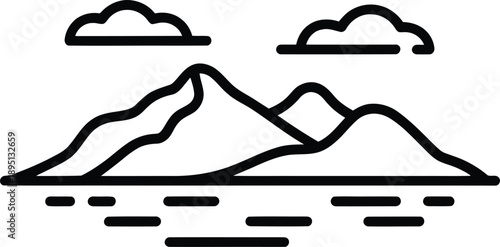 Mountain landscape with clouds and lake in minimalist black outline isolated on white background