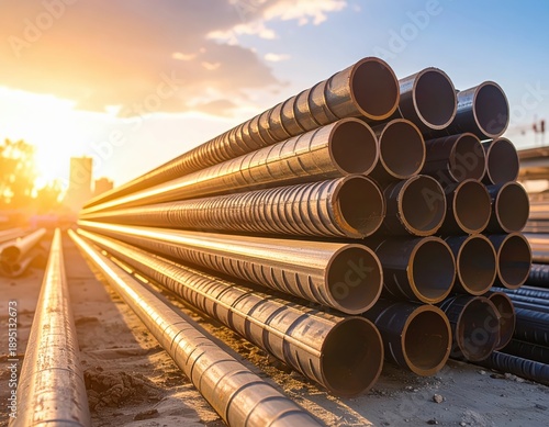 Wallpaper Mural Industrial metal pipes laid out and stacked at sunset on a construction site Torontodigital.ca
