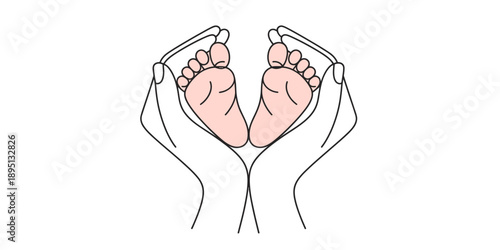 A parent's hands gently cradling tiny newborn feet, symbolizing love and protection isolated on white background, Vector, illustration