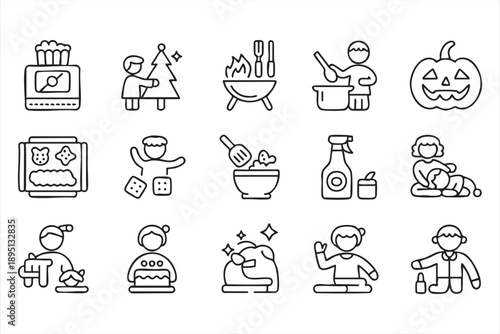 Family Home Activities and Holiday Line Icons Pack