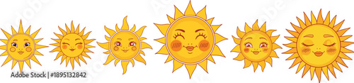 Cartoon sun icons with unique facial expressions and varied ray designs in horizontal layout on white background for decorative use