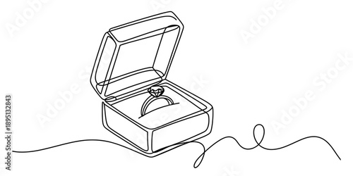A continuous line drawing of an open engagement ring box with a diamond ring inside Vector, illustration