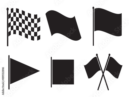 Collection of black and white racing flags in various shapes and waving positions on a white background