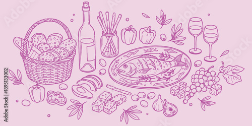 Hand-drawn Italian food set, Mediterranean lunch and dinner icons in doodle sketch, perfect for culinary themes and lifestyle