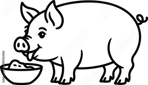 Pig eating food from a bowl line art illustration isolated on white background