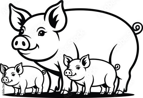 Pig with piglets line art illustration of a farm animal family on white background