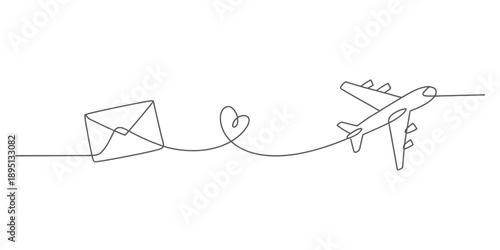 Continuous line drawing of an envelope and an airplane connected by a heart shape Vector, illustration