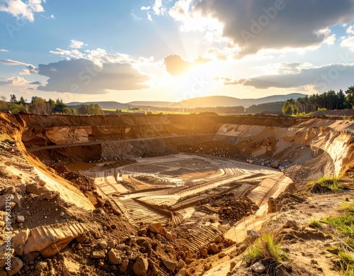 Wallpaper Mural Open pit quarry at sunset with golden light and earthworks Torontodigital.ca