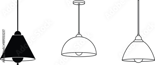 Pendant ceiling lamp icon set in solid and outline styles for interior lighting decor and modern design