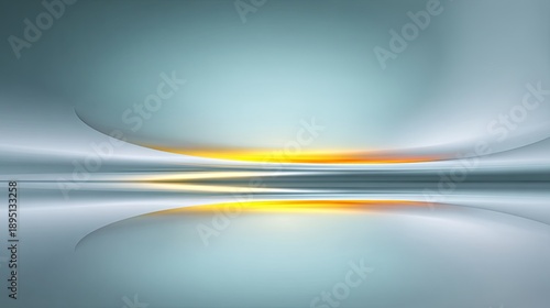Abstract landscape with smooth curves, vibrant colors, soft gradients and reflective surfaces creating a serene and tranquil atmosphere at sunrise
