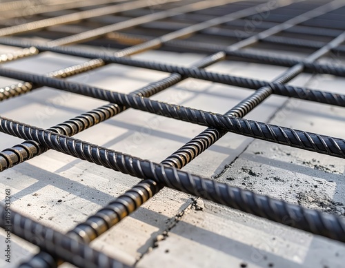 Wallpaper Mural Close-up of metal rebar grid on concrete floor at construction site in sunlight Torontodigital.ca