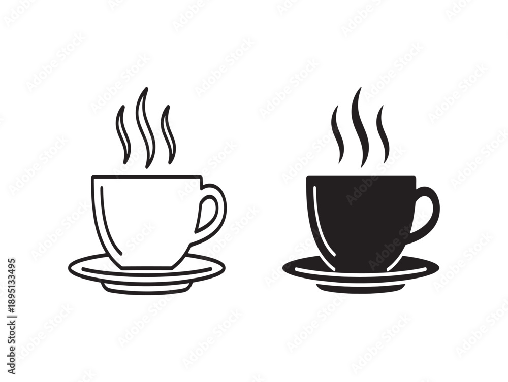 Obraz premium Two steaming coffee cups in black and white illustration side by side on saucers