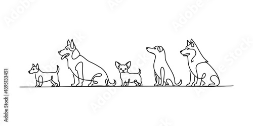Collection of various dog breeds sitting in a line, drawn with a minimalist continuous line art style Vector, illustration
