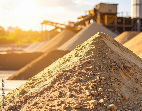 Wallpaper Mural Close up of sand and gravel piles with industrial quarry machinery in background at golden hour Torontodigital.ca