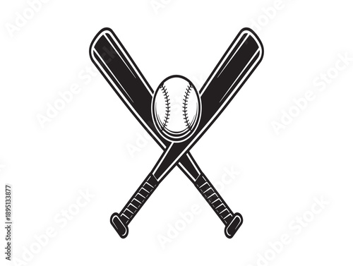 Vintage baseball illustration featuring crossed bats and a stitched ball in black and white